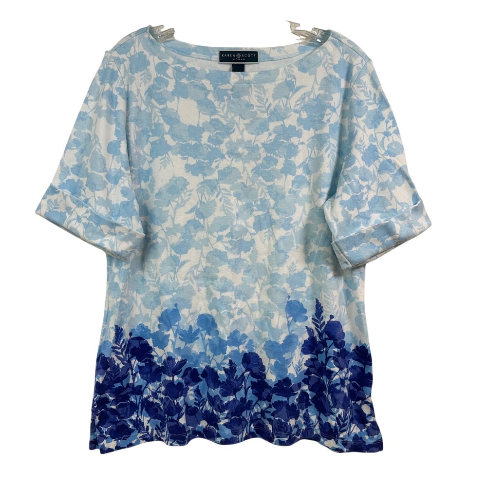 Karen Scott Woman Blue Floral Ombre Boat Neck Short Sleeve Cuffed Top 0X